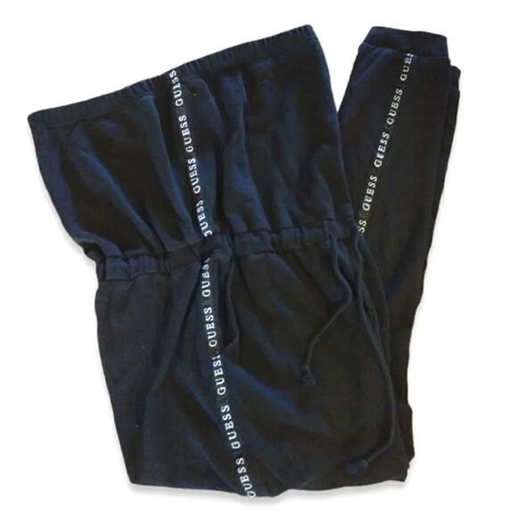 Guess Y2K Black Strapless White Side Logo Tape Fleece Jumpsuit Large - Picture 4 of 12